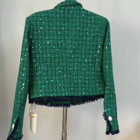 NWT Endless Rose Premium Green Navy Tweed Sequin Cropped Blazer Jacket Sz S - Picture 5 of 7